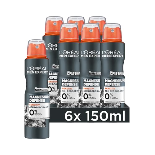 L'Oréal Men Expert 48H Sensitiv Deospray für Männer, Bodyspray gegen Schweißgeruch, Schwitzen und Achselnässe, Herren Antitranspirant ohne Alkohol und Aluminium, Magnesium Defense, 6 x 150 ml