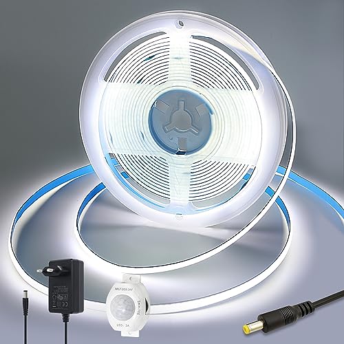 Yamlten 12V COB LED Streifen 6000k Kaltes Weiß,LED Strip mit Bewegungsmelder,Netzadapter,320 LEDs/M für Gesellschaftsraum，Schrank,Schlafzimmer DIY LED Band 3m.