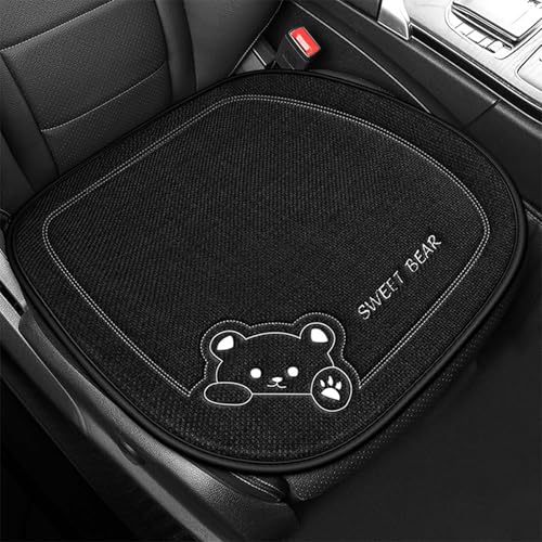 Auto Sitzauflagen aus Reinem Leinen, 50 x 50cm Sitzauflagen Vordersitze, Autositz Auflage mit Cartoon-Bären, Stilvolle Sitzkissen Auto Vordersitze, Anti Rutsch Sitzkissen für Autositz, SUV (Schwarz)