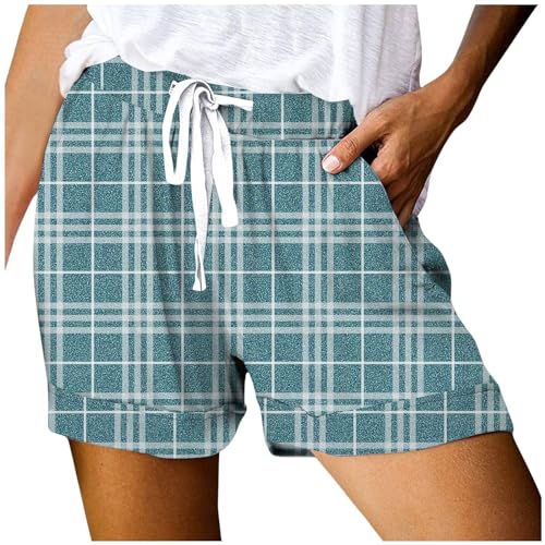 Shorts Damen 3/4 Kordelzug, für den Sommer, elastische Taille, lässig, leicht, mit Taschen Schwarze Locker(Himmelblau,XXL)