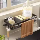 Bonhoom Spülbecken Organizer Küche Schwammhalter - Küchen Spüle Organizer mit Spültuchhalter und Zwei Haken, Metalle Hängender Schwarz Kitchen Badezimmer Organizer - Ohne Bohren