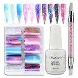 GZMAYUEN Folie Transfer Nagel mit Transferfolie Marmor Nägel Sticker Nail Art Foil Set 15ML Transferfolien Nagelkleber Nail Foil Glue Transfer Foil Nagel Stickers NagelFolien Kleber Gel Set