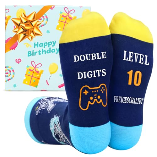 ZENO Lustige Socken Jungen – Geschenk Geburtstag 10 Jahre, Coole Socken Kinder, Gaming-Design für Jungen, Baumwolle, Größe 33-36, "Level 10 Freigeschaltet