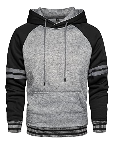 LBL Herren Fleece Hoodie Pullover Casual Hoodie Kontrastfarbe Kordelzug Sweatshirt mit Kanga Tasche Gr. M, dunkelgrau