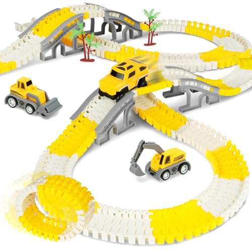 HOTUT Autorennbahn für Kinder, 205 Stück Flexible Rennbahn Spielzeug, Spielzeugautos Autobahn mit Bagger, Walze, Elektroauto und EIN Flexibles DIY-Autorennbahn Spielset ab 3 4 5 6 Jahre Junge Mädchen
