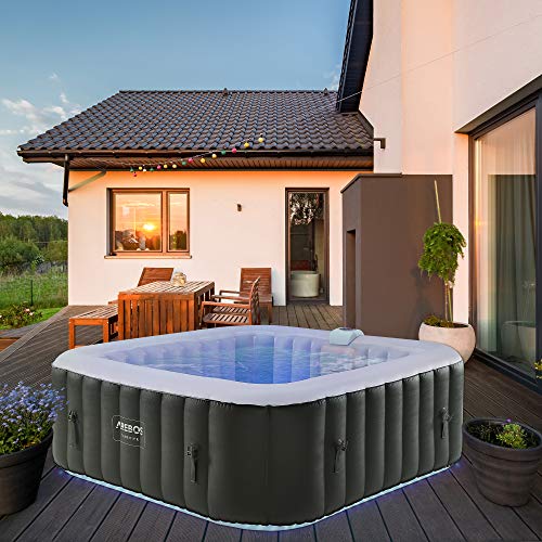 Arebos Spa Whirlpool 2400 W | automatisch aufblasbar | In- & Outdoor Spa Pool | 6 Personen | 185x185 cm | LED-Beleuchtung | 130 Massagedüsen | 910 L | Inkl. Abdeckung | Bubble Spa & Wellness Massage