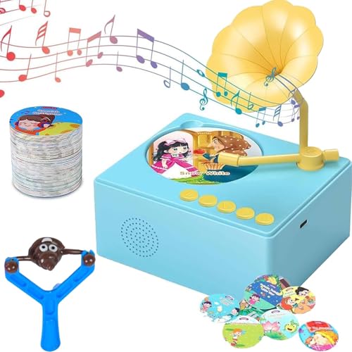 Kids Gramophone with 96 Cards, Children's Phonograph Story Music Player Gift Boys Girls, Toddler Toys, Kids Phonograph Record Player, Musical Sensory Toy Listen with Story & Music (Blue)