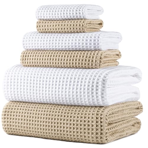 Polyte - Handtuch-Set - schnelltrocknende & fusselfreie Mikrofaser - Waffelstruktur - sehr groß - Weiß,Beige - 152 x 76,2 cm - 6-teilig
