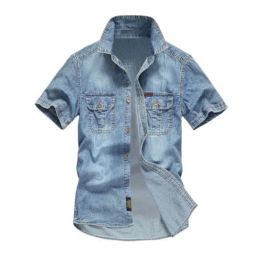 Duohropke Jeanshemd Herren Kurzarm Sommerhemd Denim Hemd Kurzarm Druckknöpfen Jeans Hemden für Männer Hellblau Dunkelgrau Regular Fit Used Look Slim Fit Freizeithemd Kurzarmhemd