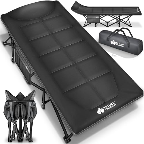 tillvex® Campingbett klappbar mit Tragetasche bis 200 kg | Campingliege extra breit | Feldbett Karpfenliege für Outdoor & Indoor | Klappbett Gästebett faltbar Garten Camping Angeln Festival Reise