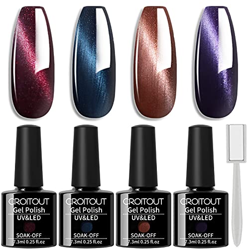 Croitout Gel Nagellack Set, Cat Eye Magnet UV Nagellack Set, Magnetisch Gel Gellack Shellac Set mit 1 Magnet, Mehrfarbig Ablösbarer Nagelgel Farben Geschenk Kit 4 x 7.3ml (4MY-001-New)