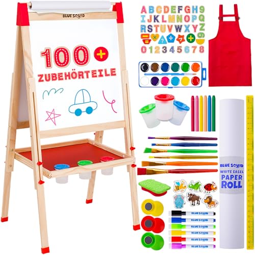 Kunst Staffelei für Kinder mit 100+ Zubehör- Doppelseitige hölzerne Tafel für Kinder mit magnetischer Kreidetafel, abwischbarem Whiteboard & Papierrolle, Kindertafel mit Kreide und Magnet 3-4 4-8 9-12