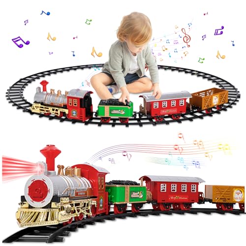 Zug Set, Elektrische Sets für Jungen Kleinkinder, Klassische Züge Spielzeug, Weihnachtszug mit Sound, Lichtern, Lokomotive, 3 Autos & 8 Schienen, Weihnachtsspielzeug Zug Geschenke für Alter 3 4 5 6