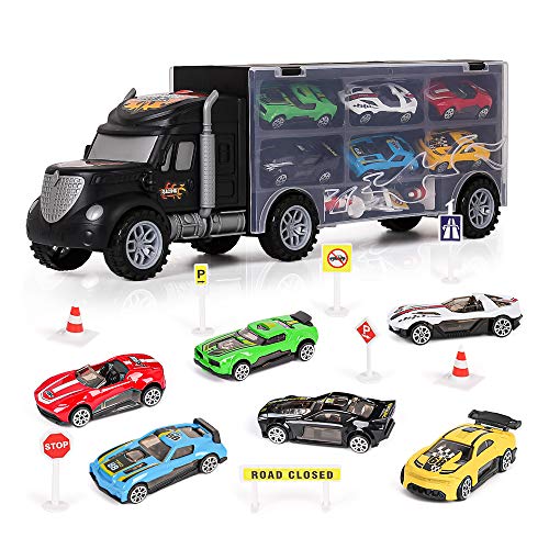 m zimoon LKW Autotransporter Spielzeug, Transport Träger Truck Spielzeugauto Set mit 8 Zubehör und 6 Mini Metallauto Kindergeburtstag Gastgeschenke Geschenk für 2-8 Jahre alte Jungen Mädchen Kinder