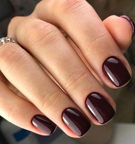 MouyouGlow Press on Nails Kurz,Squoval Dunkel Rot Einfarbige Glossy Fake Nails Kunstnägel mit Nagelkleber,Dark Red Künstliche Fingernägel …