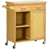HOMCOM Küchenwagen mit Schublade, Schrank, offenem Ebenen, Servierwagen, Aufbewahrungswagen mit Handtuchhalter, Glastischplatte, Bambus, Natur, 84 x 36 x 85 cm