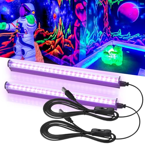 Anpro Schwarzlichtleiste, 24 LED-Schwarzlicht mit fluoreszierenden Bändern, 2 UV-Schwarzlichtleisten mit 120° Abstrahlwinkel, USB-Netzkabel, 385–400nm Wellenlänge, Schwarzlicht-Flutlicht mit Schalter