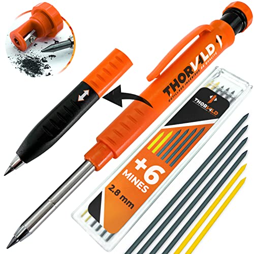 THORVALD Robuster Tieflochmarker Bleistift (+ 7 Minen, Spitzer und Schreibgriff) Druckbleistift fur Handwerker - Perfekt für Holz, Metall und Beton