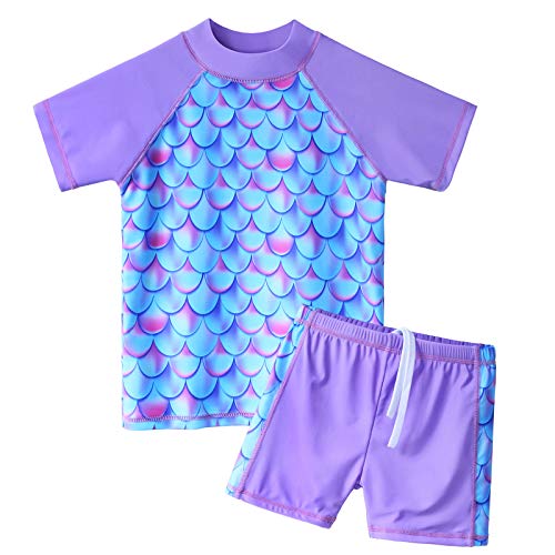 ZNYUNE Mädchen Zweiteiliger Badeanzug Stoffdruck Kinder Schwimmanzug Badehose Badebekleidung UV-Schutz 50+ Badeset Rash Guards Bademode S366 ScalePurple 10A