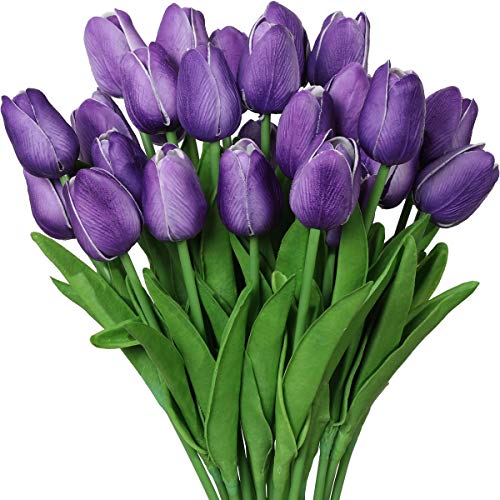 Nubry 30 Stück PU Real Touch Latex Künstliche Tulpen, Fake tulpen künstlich, fühlen Sich echt an, Blumenstrauß für Hochzeitsarrangements, Tafelaufsätze, Heimdekoration(Lila)