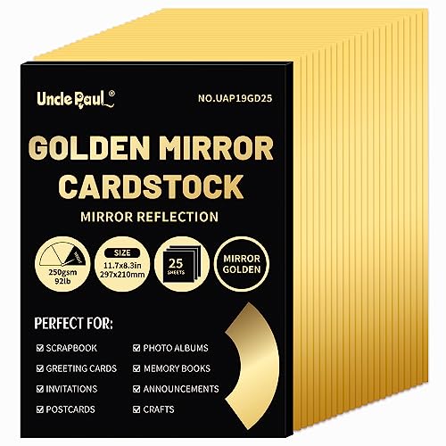 A4 Golden Mirror Kartonpapier, 25 Blatt 250 g/m²/92 lb metallisch reflektierendes Papier zum Basteln, Folienkarton für DIY-Projekte, Geburtstagsdekoration UAP19GD25