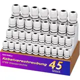 ANVINKU 45 Stück Kabelverschraubung, 4 Typen Kabelverschraubung Wasserdicht, M12 M16 M20 M25 Nylon Kabeldurchführung Wasserdicht, IP68 Weiß Kabelverschraubungen Set mit Gegenmutter Kunststoff