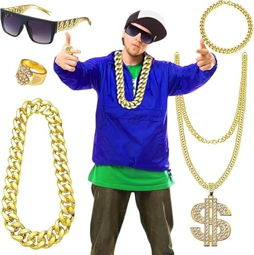 Gohytal Zuhälter Kostüm, 80er 90er Jahre Outfit Herren, 70er 80er 90er Jahre Hip Hop Kostüm mit Sonnenbrille Dollar Kette Ring, Hip Hop Goldkette Herren Kostüm für Cosplay Karneval Fasching Mottoparty