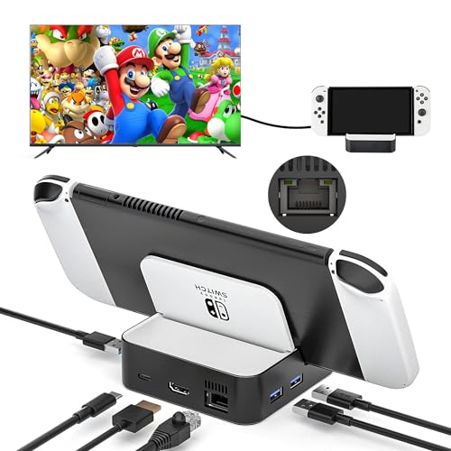 Switch TV Dock, Aukuoy Docking Station für Nintendo Switch/Switch OLED, 6-in-1 Switch Dock Portable Ladestation mit HDMI 2.0, Ethernet Port, Typ-C Port und 3 USB Ports, unterstützt YouTube On TV