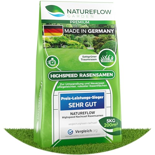 Rasensamen schnellkeimend Frühjahr 5kg 200qm - TEST SEHR GUT - Schnell wachsender Rasen Made in Germany - Premium Grassamen schnellkeimend - Rasensaat für sattgrünen Traumrasen - Rasensamen 5kg