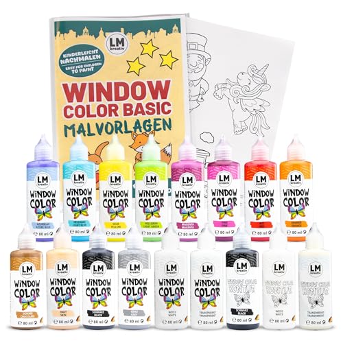 LM Window Color Set (17 x 80 ml Set Basic inkl. Konturfarbe & Malvorlagen) - Abziehbare Fenstermalfarbe/Stickerfarbe auf Wasserbasis für Glatte Oberflächen wie Glas, Spiegel Fliesen