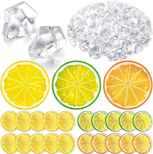 Wekuw 20 Stück Künstliche Zitronenscheiben, Künstliche Früchte, 200 Stück Klare Gefälschte Crush-Eiswürfel, Acryl-Diamant-Klares EIS, für Party-Festival-Dekoration, Fotografie-Requisiten