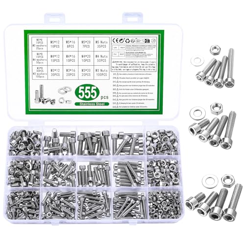 555 Stück M3 M4 M5 Schrauben Set Metrisch Zylinderschrauben mit Innensechskant Schrauben und Muttern und Unterlegscheiben Set, Edelstahl Maschinenschrauben Sortiment, Gewindeschrauben Muttern Set