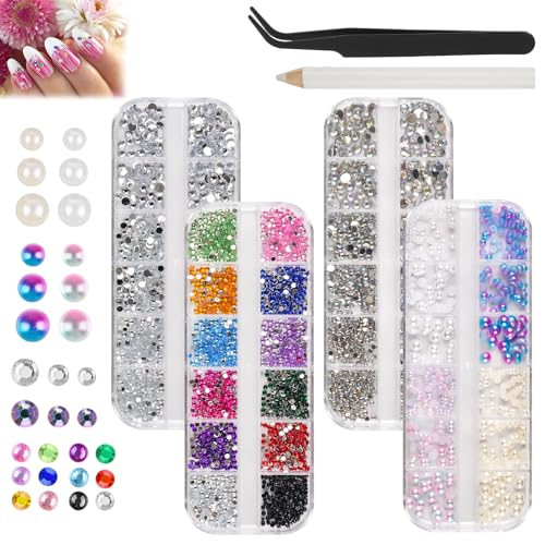 6800 Stück Strasssteine, Glitzersteine und Halbrunde Perlen Nägel Strasssteine, AB Kristall Strasssteine, mit Pinzette und Stift, Flatback Rhinestones für Nagel/DIY(Mehrere Größen und Farben)