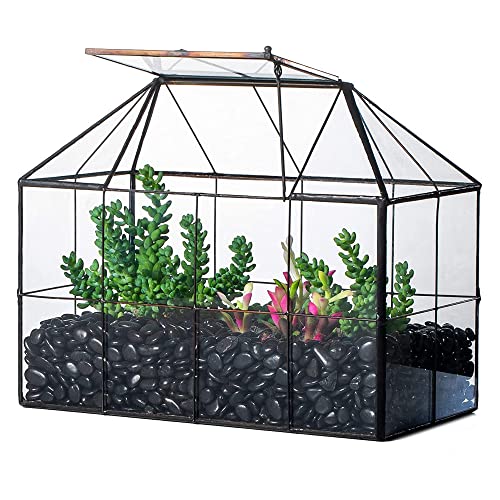 NCYP 25x13.5x20 cm Handmade Pflanzencontainer,Glas Geometrisch Pflanzen Terrarium, Schwarzes Gitter Haus-Form Gewächshaus Blumentopf, modernes Tischaufsatz (ohne Pflanzen)