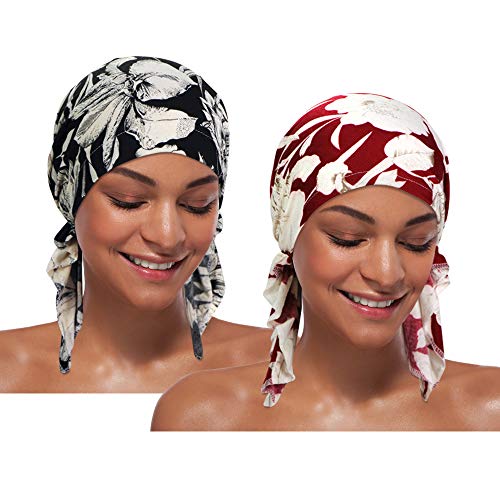 2 Stück Chemo Hut Turban Beanie, vorgebundene Headwraps Kopfbedeckung für Frauen - - Einheitsgröße