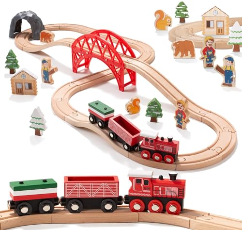 Giant bean Holzeisenbahn Set für Kleinkinder, 36 Pcs Wald Themen Holzeisenbahn Spielzeug, für Kinder, Jungen und Mädchen von 3–7 Jahren, Passend für Thomas The Train, Brio, Melissa & Doug und Zugtisch