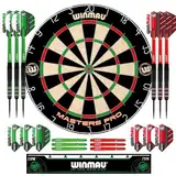 Winmau Dartscheibe - Masters Pro Profi Dartscheibe Steeldart aus Sisal - Enthält Dartscheibe, Dartpfeile, Flights, Schäfte und Oche-Streifen – Profi Steel-Dartscheibe-Set für Erwachsene