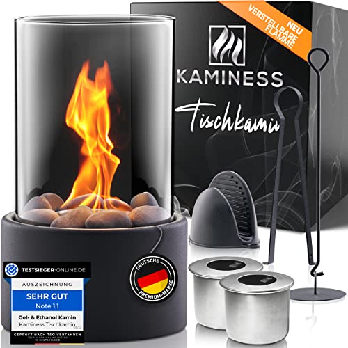 KAMINESS® Tischkamin | Verstellbare Flamme & 3h Brenndauer | Tischfeuer Set | Ethanol Kamin Indoor & Outdoor inkl. 2X Natursteinen (500g) & 2 Brennkammern | Bioethanol Kamin | Balkon Deko Terrasse