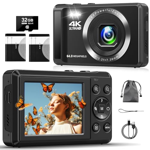 Digitalkamera, 4K 64MP Kompaktkamera Fotokamera mit 32GB Karte 16X Digitalzoom 2,4" großem Bildschirm Fotoapparat Digitalkamera für Kinder Einsteiger Teenager (Schwarz)