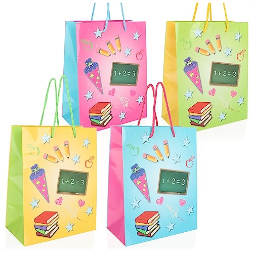 com-four® 4X Geschenktasche, Geschenkverpackung für Schulanfänger, eckige Schultüte mit Henkeln, Faltbarer Beutel aus Pappe zur Einschulung (4 Stück - 4 Farben)