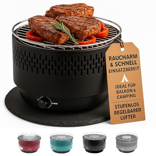 SOUK ONE Tischgrill mit Aktivbelüftung, Holzkohlegrill Grill mit Lüfter, Campinggrill BBQ Outdoor (Schwarz)