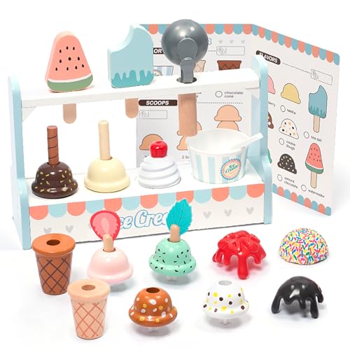 UMU® Kinder Eisdiele aus Holz - Eisladen inkl. Küchenzubehör (EIS, Eisportionierer, Eiswaffeln usw.), Kinderküche Kaufläden & Zubehör zum Rollenspiel, Holzspielzeug für Kinder ab 3 4 5 6 Jahren