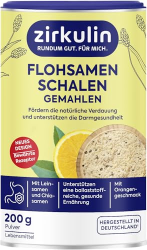 Zirkulin Flohsamenschalen gemahlen mit Chia und Leinsamen, hochwertige Ballaststoffe zum Trinken mit Orangengeschmack 1 x 200g