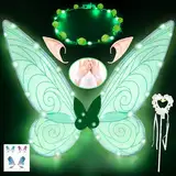 LED Schmetterlingsflügel Kinder Erwachsene, Feenflügel Grün mit Elfenohren, LED Fee Stirnband, Feenstab, Schmetterling Tattoo und Mesh-Handstulpen,Feen Kostüm Kinder für Karneval,Fasching,Mottopartys