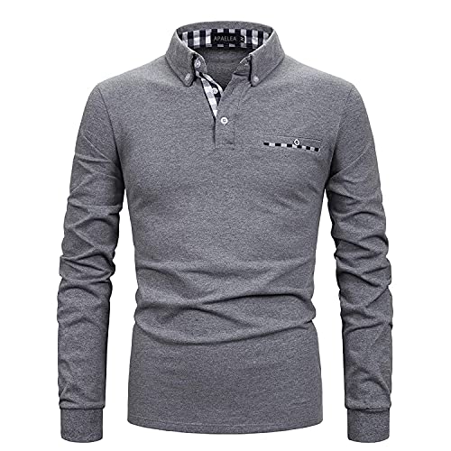 APAELEA Poloshirt Herren Langarm Baumwolle Golf T-Shirt Casual Tops,Grau,L