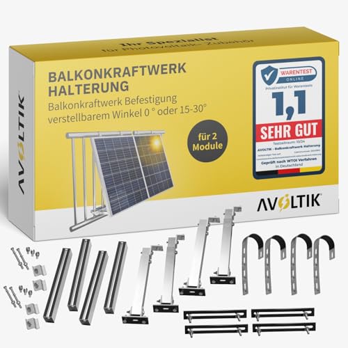 Avoltik 2x Balkonkraftwerk Halterung Balkon für alle Solarpanel-Größen I Solarmodul Halterung aus robustem Aluminium I Balkonkraftwerk Befestigung verstellbarem Winkel 0 ° oder 15-30°