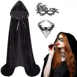 Halloween Umhang Damen mit Maske & Halskette,3er Samt Schwarzer Umhang mit Kapuze Set 140/150cm Halloween Kostüm Vampir Umhang Schwarz Cape Mantel für Halloween Karneval Cosplay Party Maskerade