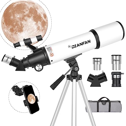 Dianfan Teleskop,80mm Öffnung Teleskop Astronomie Profi für Erwachsene,Refraktor Teleskop für Kinder und Einsteiger mit Telefon Adapter, AZ Montierung, Stativ und Tasche