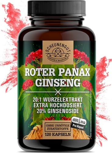 Ginseng Kapseln -1800mg je Tagesdosis- WICHTIG: 20:1 Roter Panax Extrakt (=36000mg Ginseng) I maximale Bioverfügbarkeit +20% Ginsenoside I 120 Stk Panax Ginseng -DE- SCHEUNENGUT®