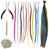 50 Stück Federhaarverlängerungs-Set, Synthetisch Haarsträhnen Farbiger Haarverlängerungs Clip Feder Extensions Strähnchen Bunt Gerade Haarteil mit 100 Silikonring, Zange und Häkchen